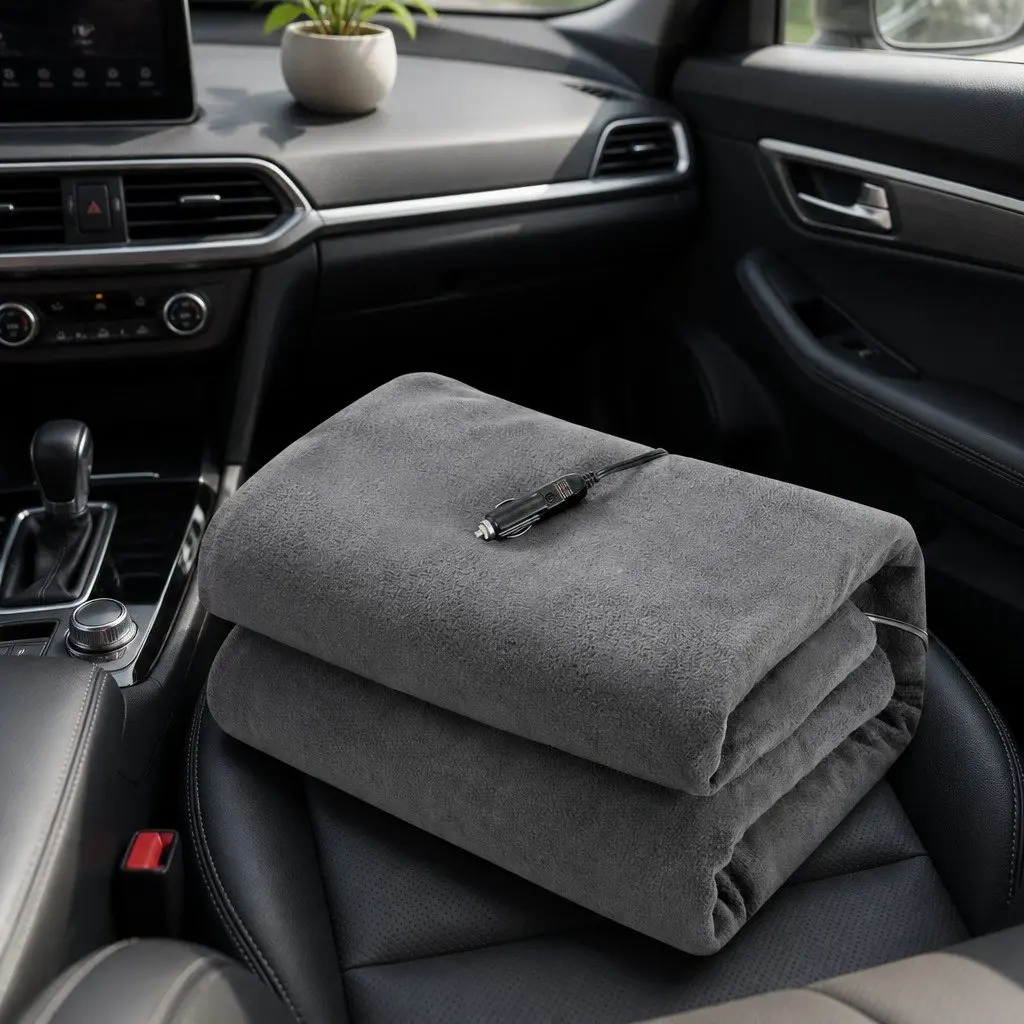Electric Car Throw Blanket 12V DC Heated Rug for Vehicles Camping Cosy Grey