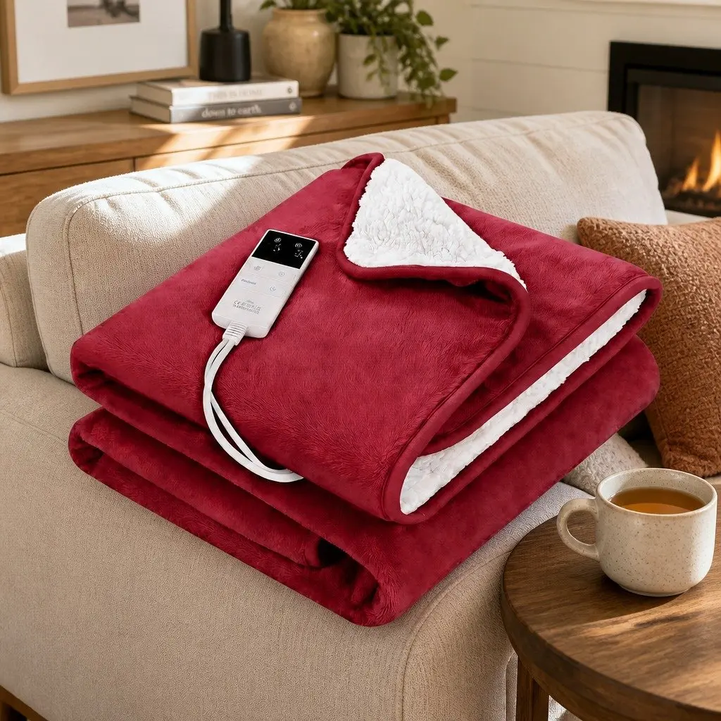 Electric Heated Throw Rug Flannel Sherpa 160cm x 130cm Burgundy