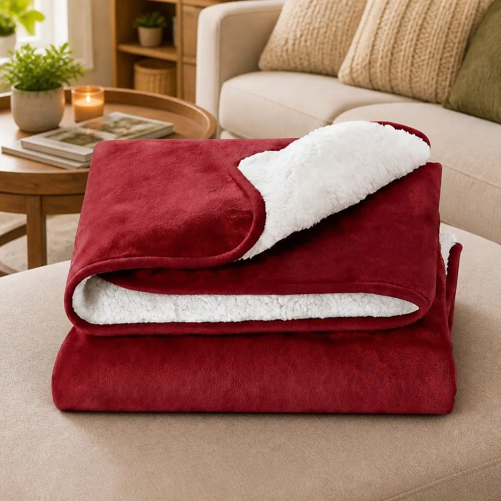 Electric Heated Throw Rug Flannel Sherpa 160cm x 130cm Burgundy