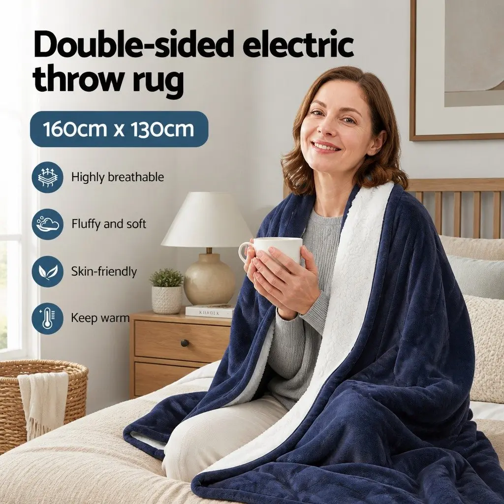 Electric Throw Rug Heated Blanket Flannel and Sherpa 160x130cm Charcoal Double-Sided