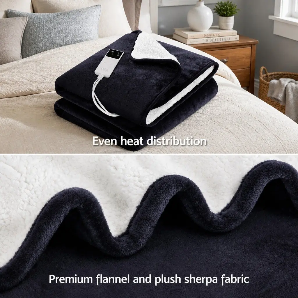 Electric Throw Rug Heated Blanket Flannel and Sherpa 160x130cm Charcoal Double-Sided