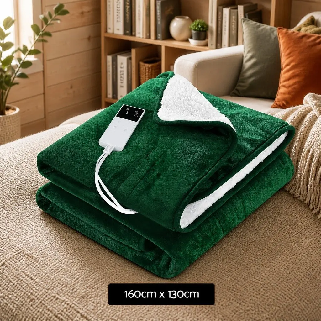 Electric Heated Throw Rug Double Sided Flannel Sherpa Blanket Green 160x130cm