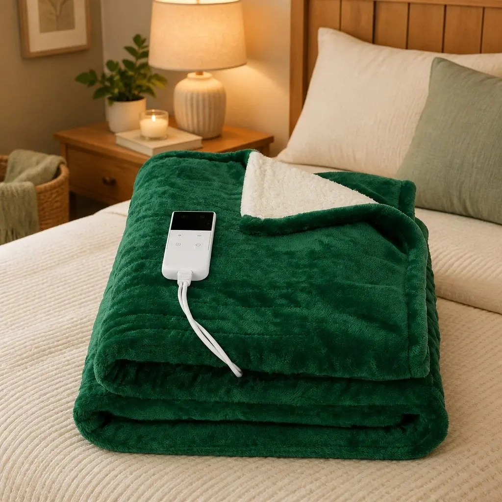 Electric Heated Throw Rug Double Sided Flannel Sherpa Blanket Green 160x130cm