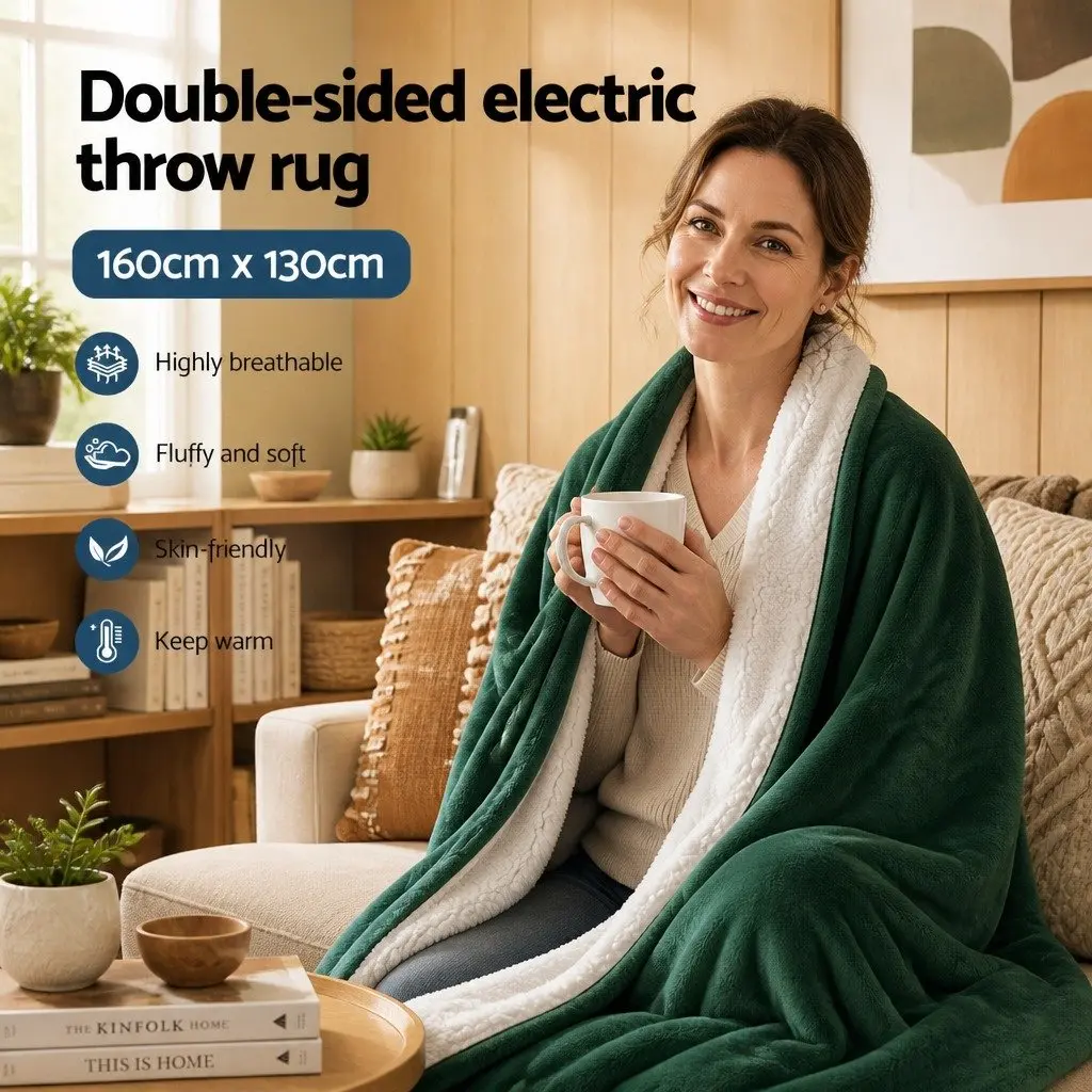 Electric Heated Throw Rug Double Sided Flannel Sherpa Blanket Green 160x130cm