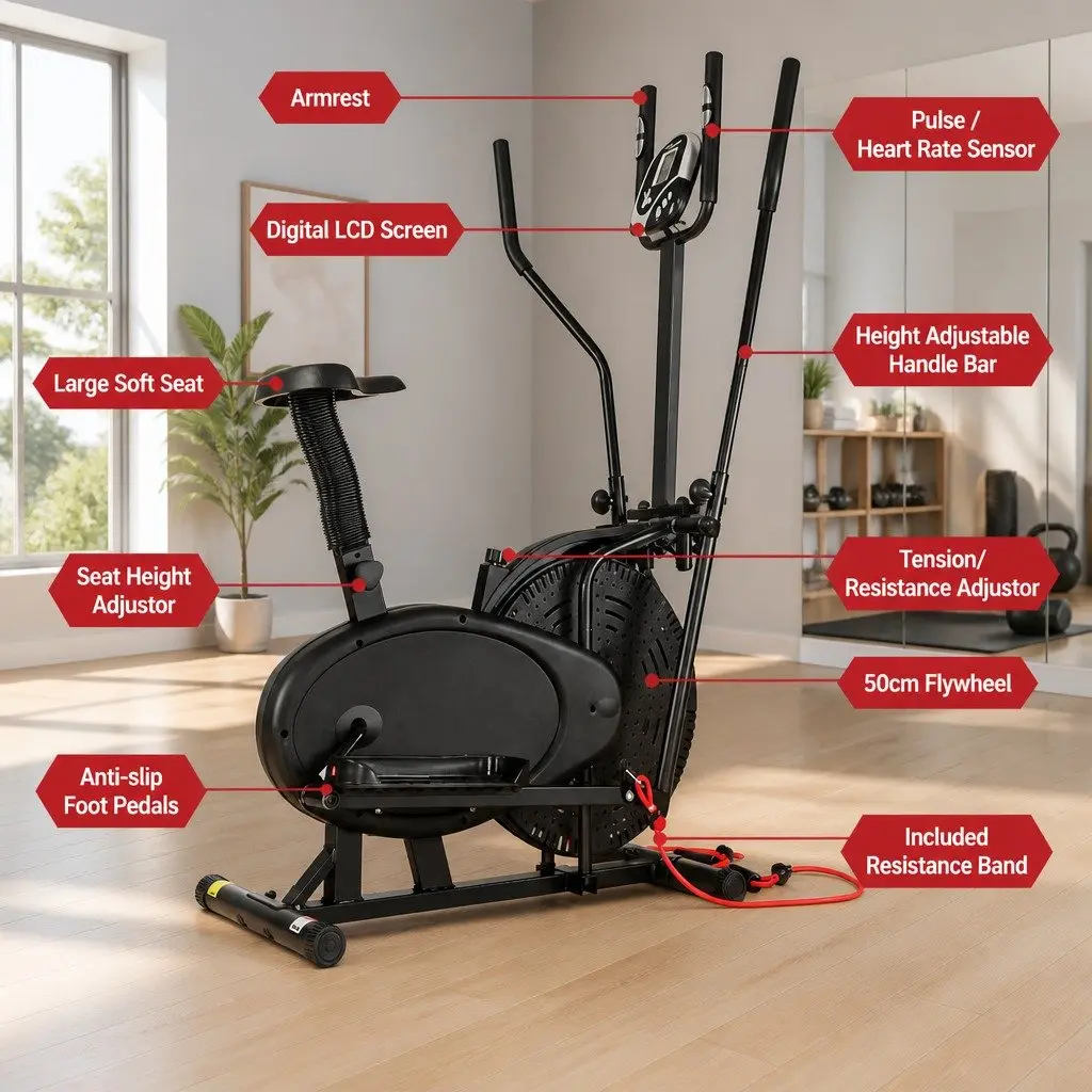 Exercise Bike 5 in 1 Elliptical Cross Trainer Home Gym Indoor Cardio Machine Black