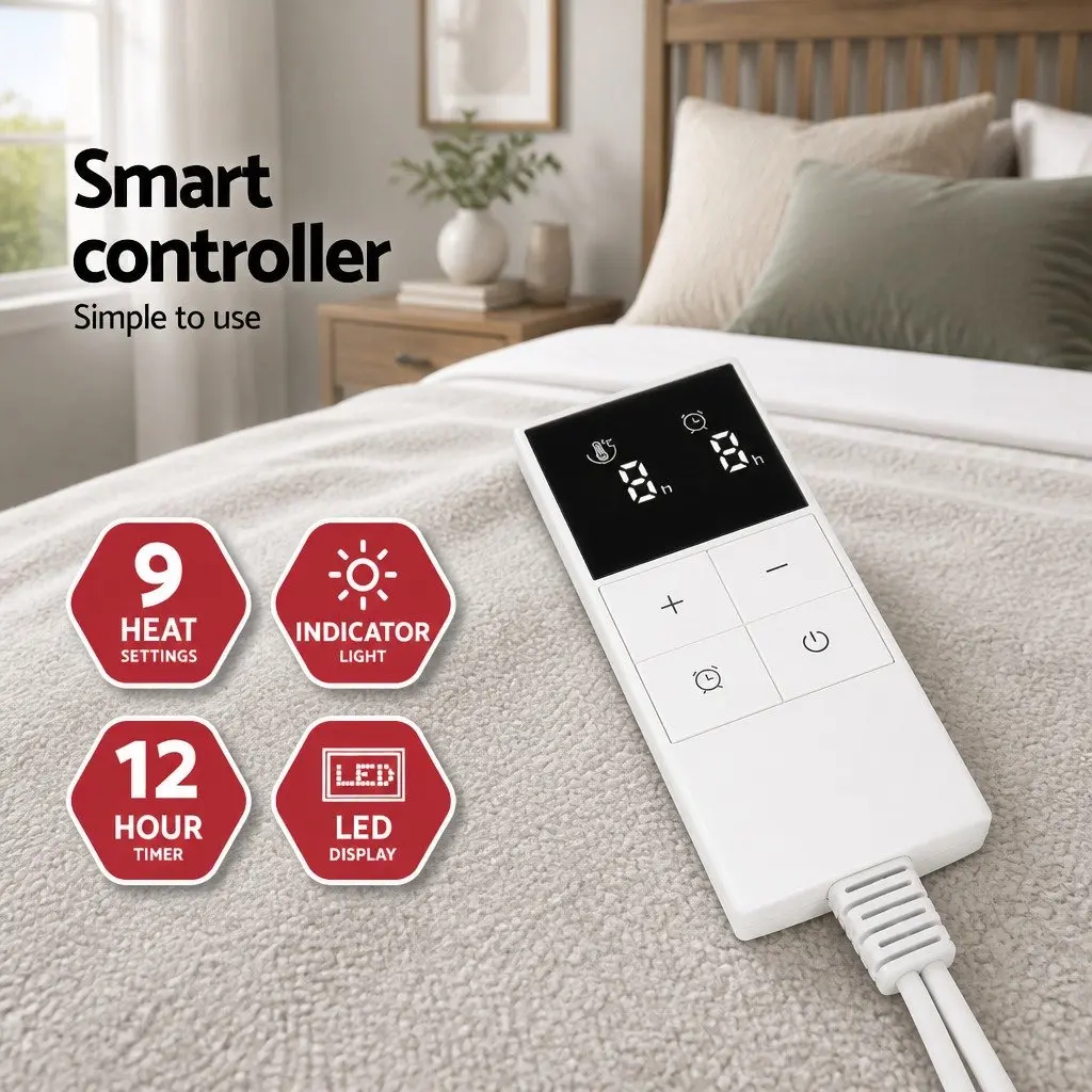 Double Electric Blanket Fitted Fleece Synthetic Wool 193cm x 137cm White