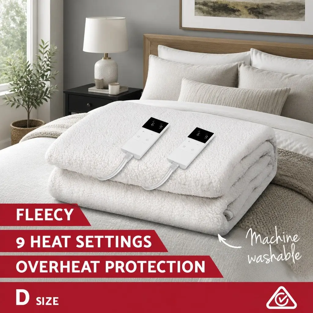 Double Electric Blanket Fitted Fleece Synthetic Wool 193cm x 137cm White