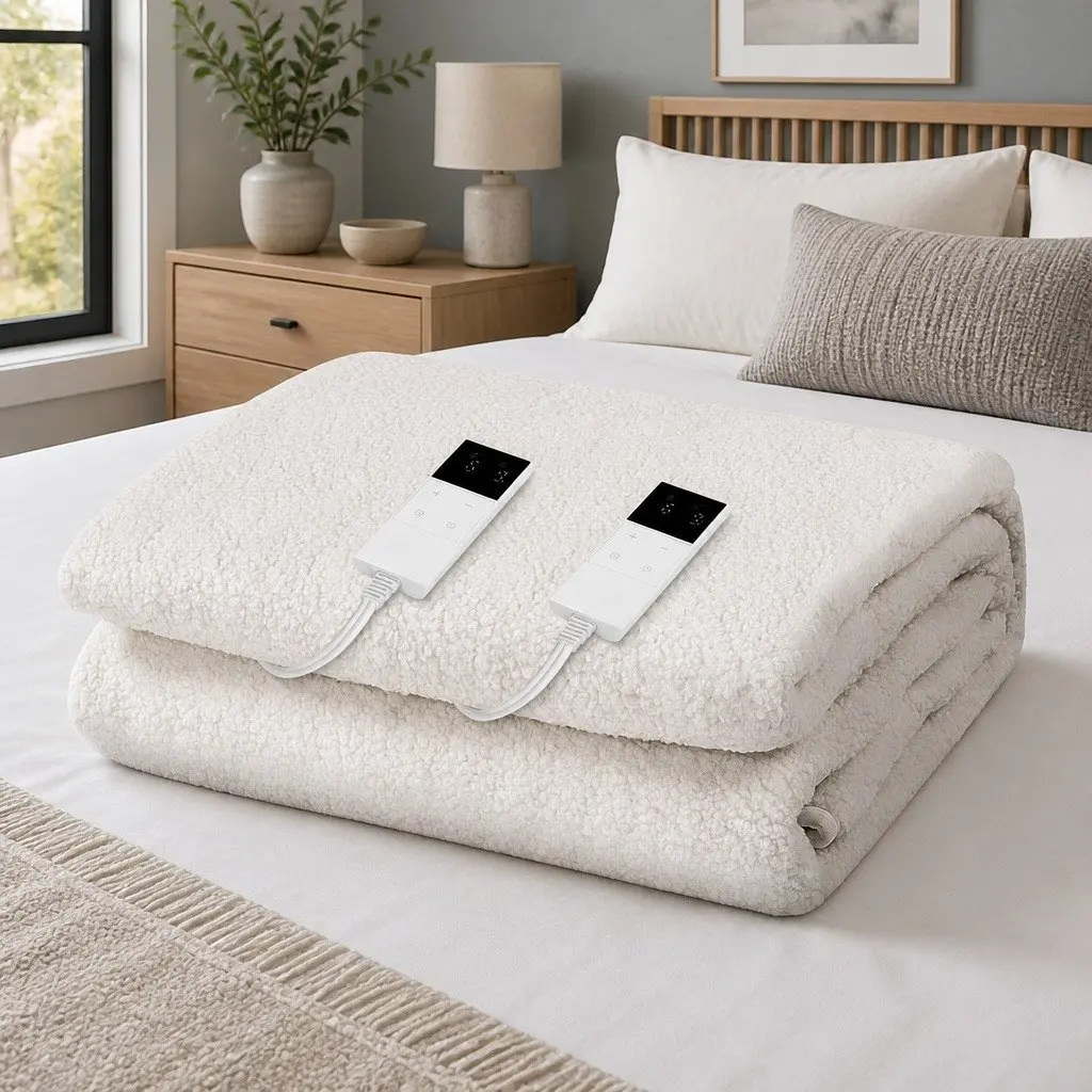 Double Electric Blanket Fitted Fleece Synthetic Wool 193cm x 137cm White