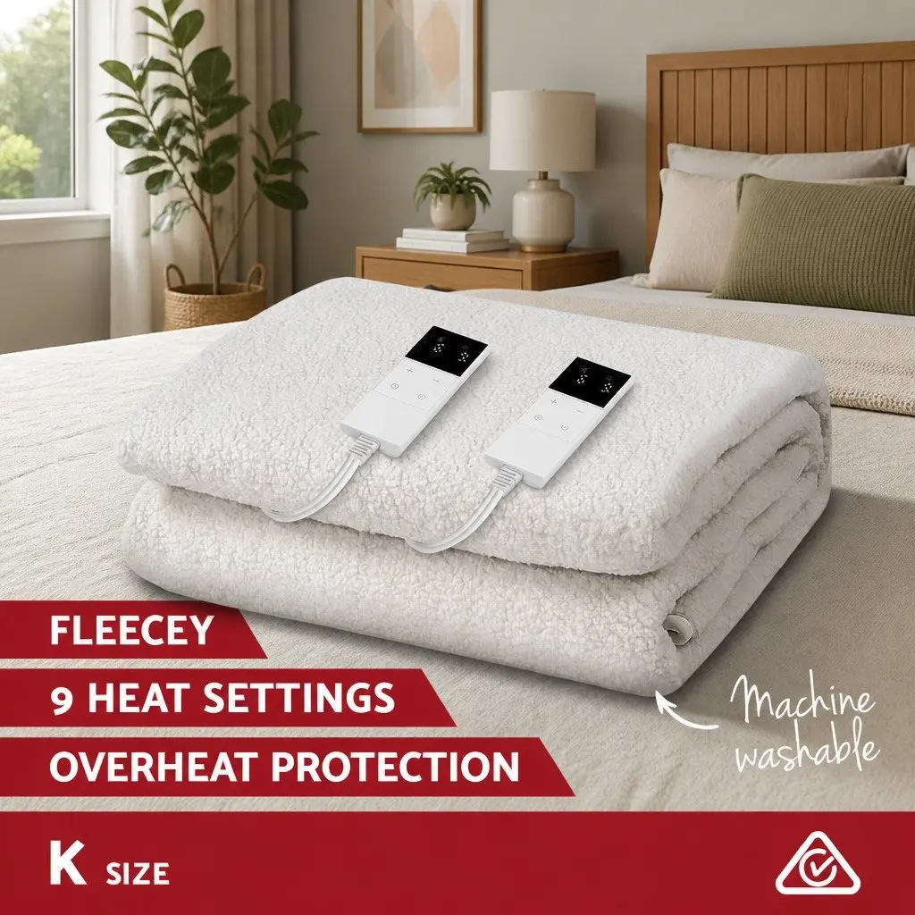 Electric Blanket Fitted Fleece King Size White Heated Bed Blanket