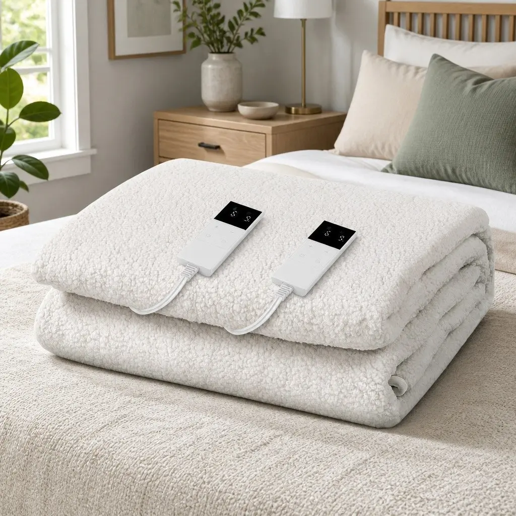 Electric Blanket Fitted Fleece King Size White Heated Bed Blanket