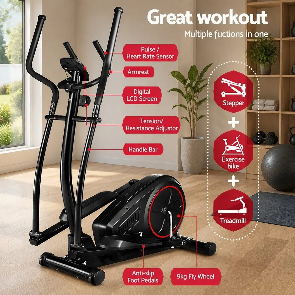 Elliptical Cross Trainer Fitness Machine Powder-Coated Steel Black LCD Display