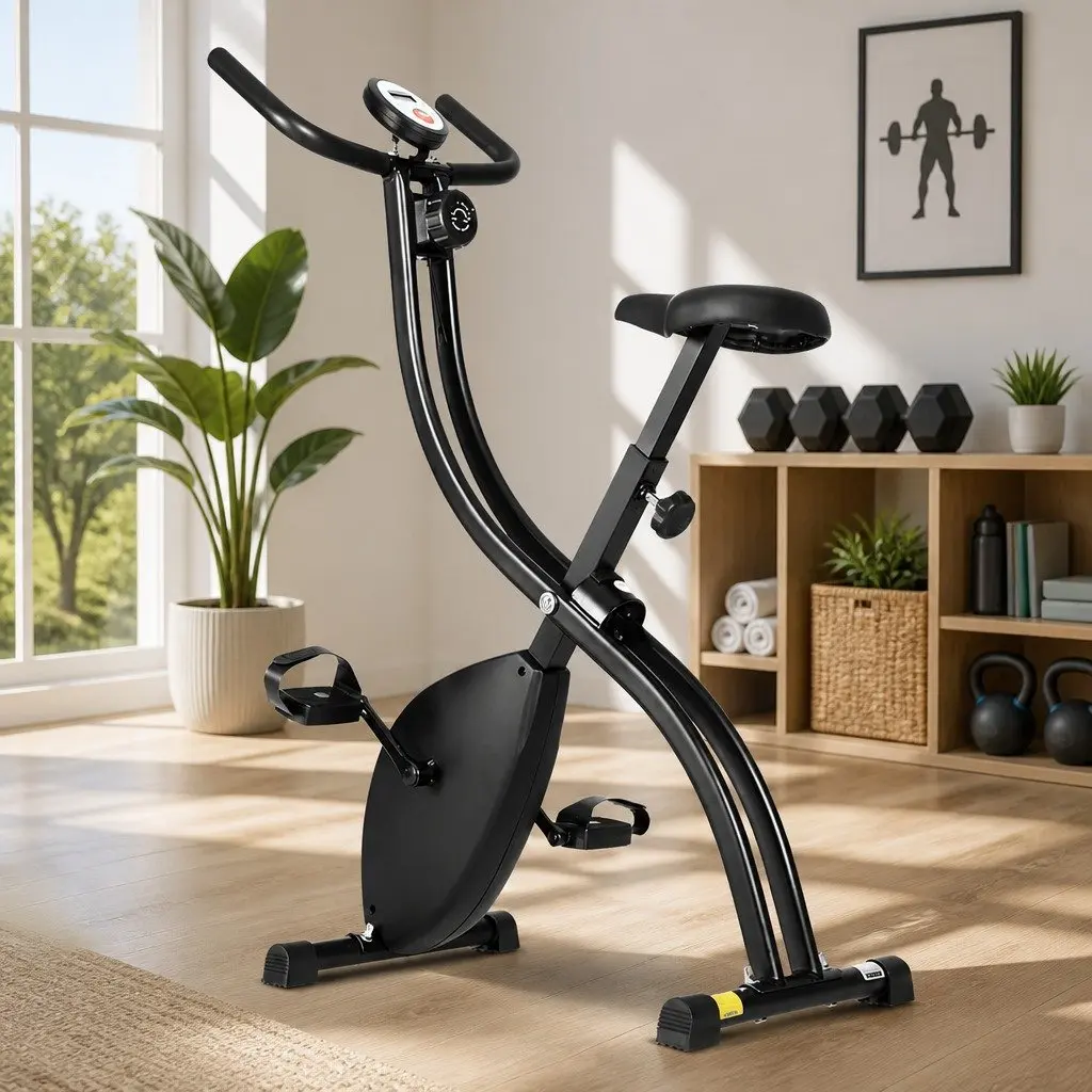 Folding Exercise Bike Magnetic Resistance Indoor Cycling Compact X-shaped Steel Frame Black