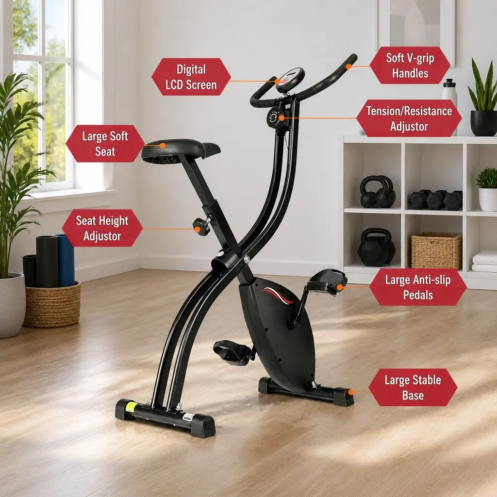 Folding Exercise Bike Magnetic Resistance Indoor Cycling Compact X-shaped Steel Frame Black