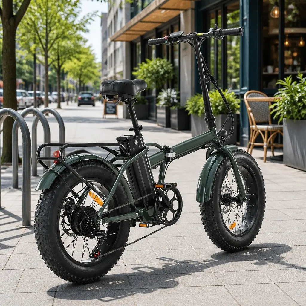 Folding Electric Bike 20 Inch High Carbon Steel Green 250W Motor 36V Battery