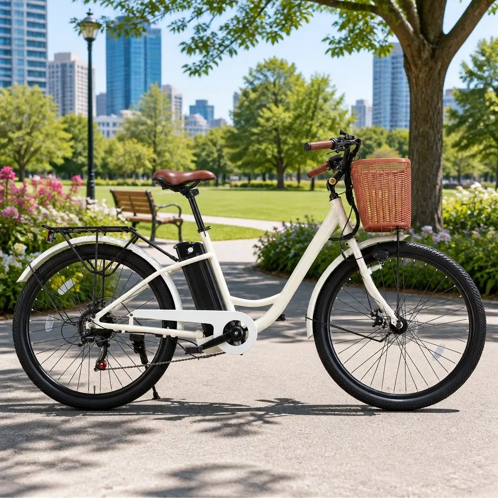 Electric City Bike Aluminium 26 Inch White Brushless Motor Battery Powered