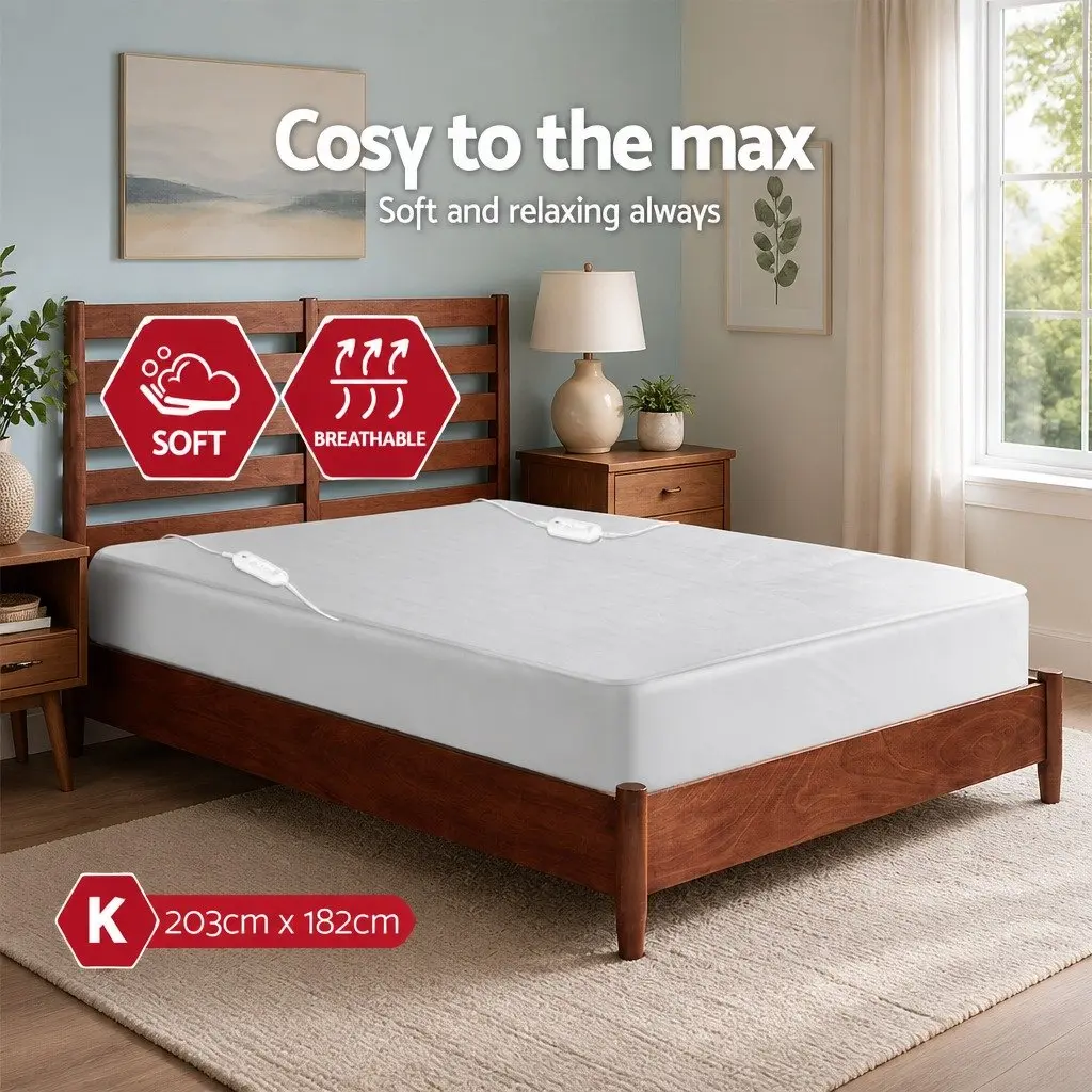 King Size Electric Blanket Fully Fitted Polyester White Three Heat Settings
