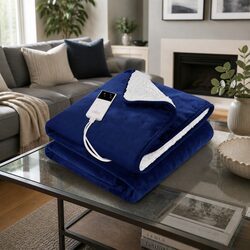 Electric Heated Throw Rug Blanket Washable Flannel Sherpa Navy Blue Winter Cosy