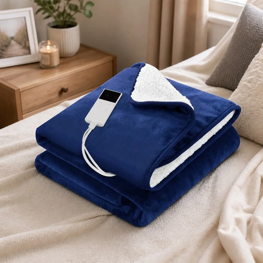 Electric Heated Throw Rug Blanket Washable Flannel Sherpa Navy Blue Winter Cosy
