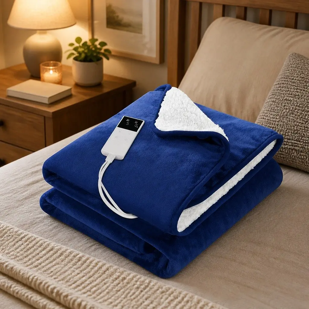 Electric Heated Throw Rug Blanket Washable Flannel Sherpa Navy Blue Winter Cosy