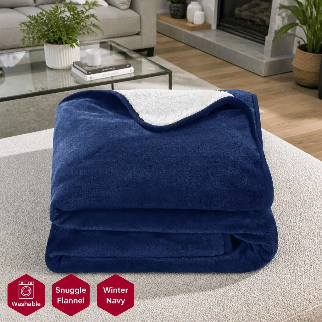 Electric Heated Throw Rug Blanket Washable Flannel Sherpa Navy Blue Winter Cosy