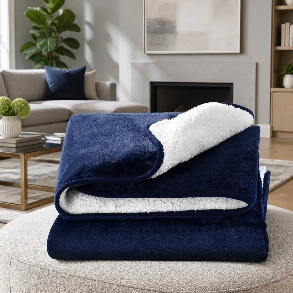 Electric Heated Throw Rug Blanket Washable Flannel Sherpa Navy Blue Winter Cosy