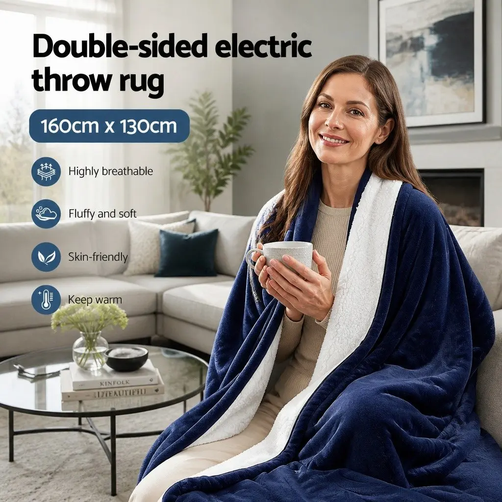 Electric Heated Throw Rug Blanket Washable Flannel Sherpa Navy Blue Winter Cosy