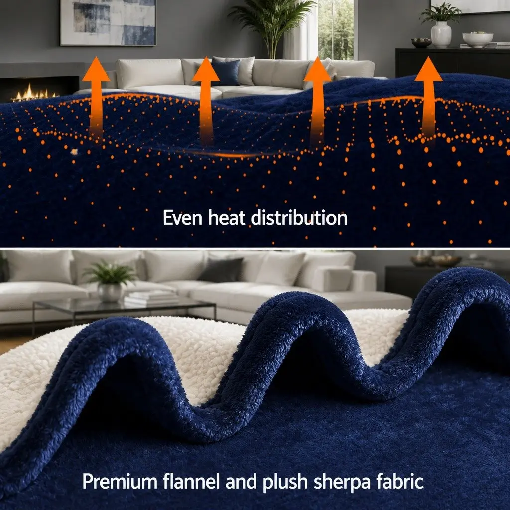 Electric Heated Throw Rug Blanket Washable Flannel Sherpa Navy Blue Winter Cosy