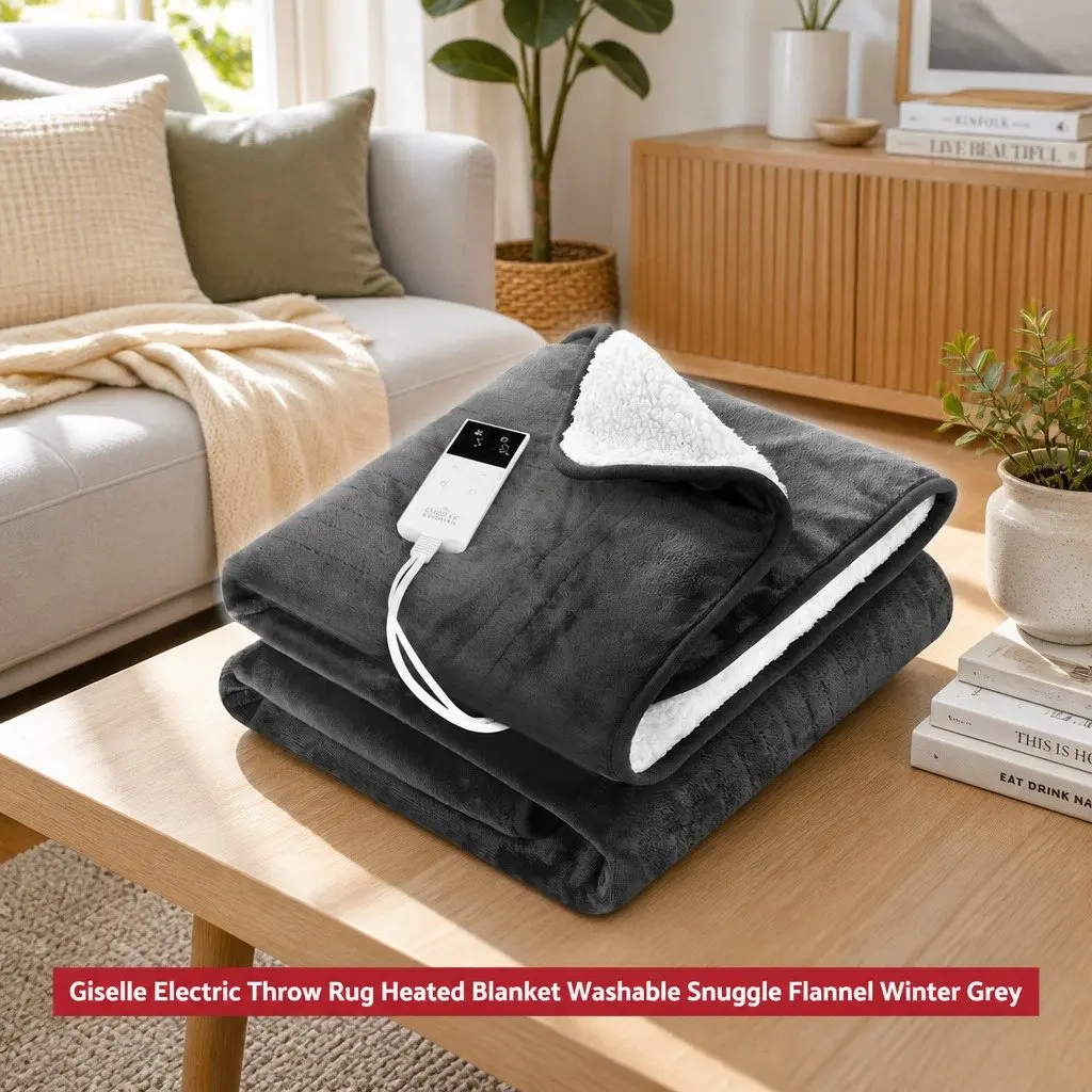 Heated Blanket Electric Throw Rug Flannel Sherpa Grey 160x130cm Washable with 9 Temperature Settings and 9 Hour Timer