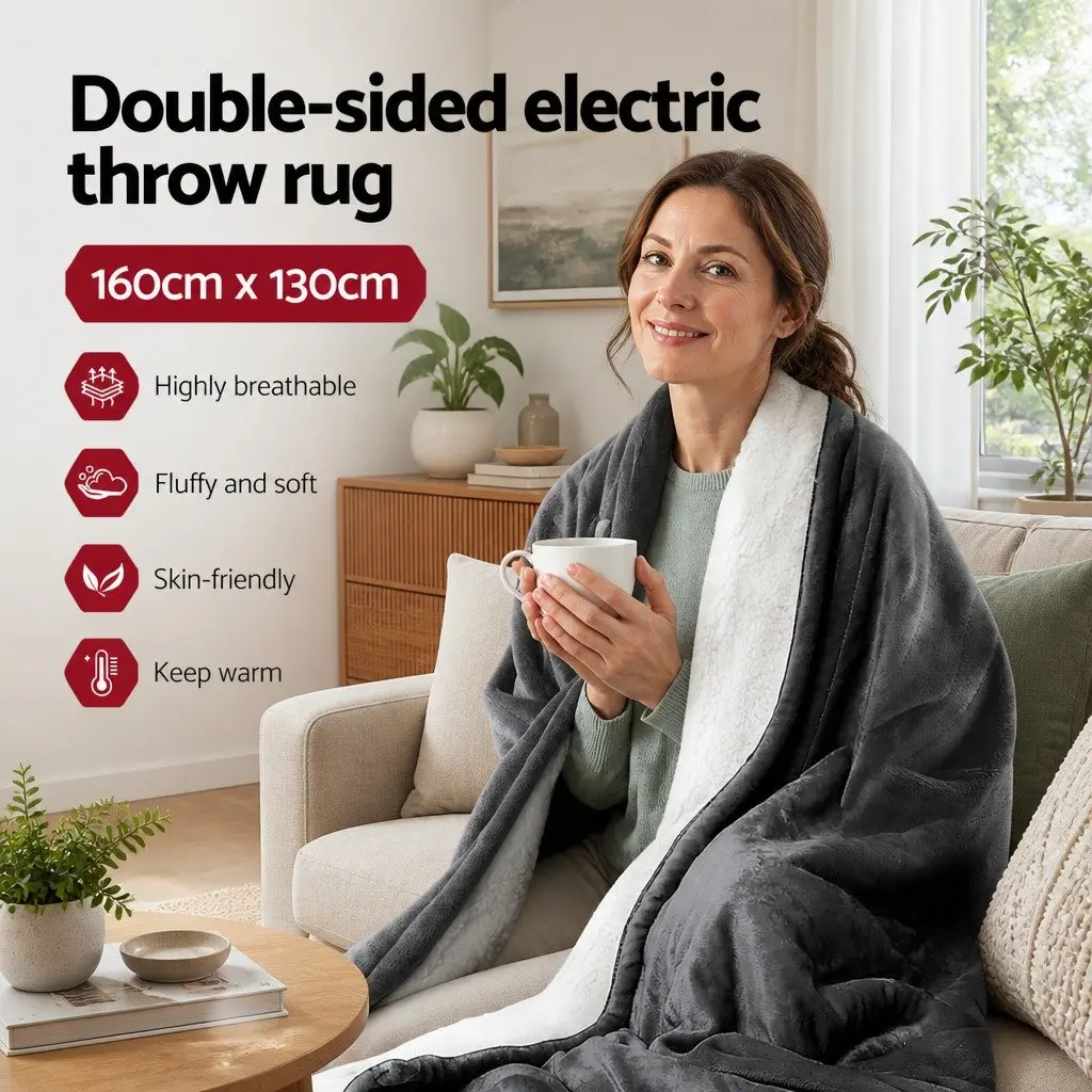 Heated Blanket Electric Throw Rug Flannel Sherpa Grey 160x130cm Washable with 9 Temperature Settings and 9 Hour Timer