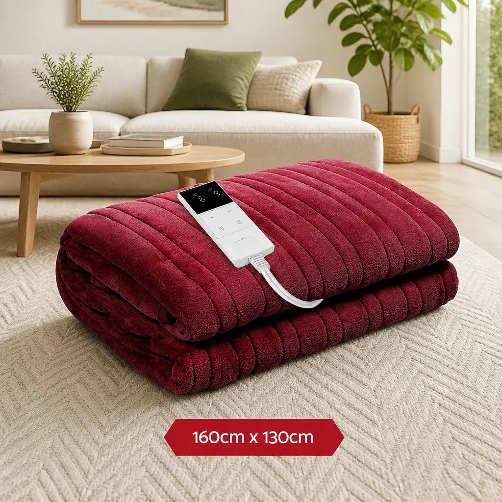 Electric Throw Blanket Fleece Burgundy 160cm x 130cm High-Density for Couch Sofa Indoor Use