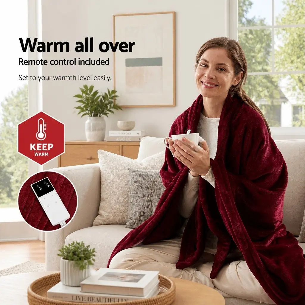 Electric Throw Blanket Fleece Burgundy 160cm x 130cm High-Density for Couch Sofa Indoor Use