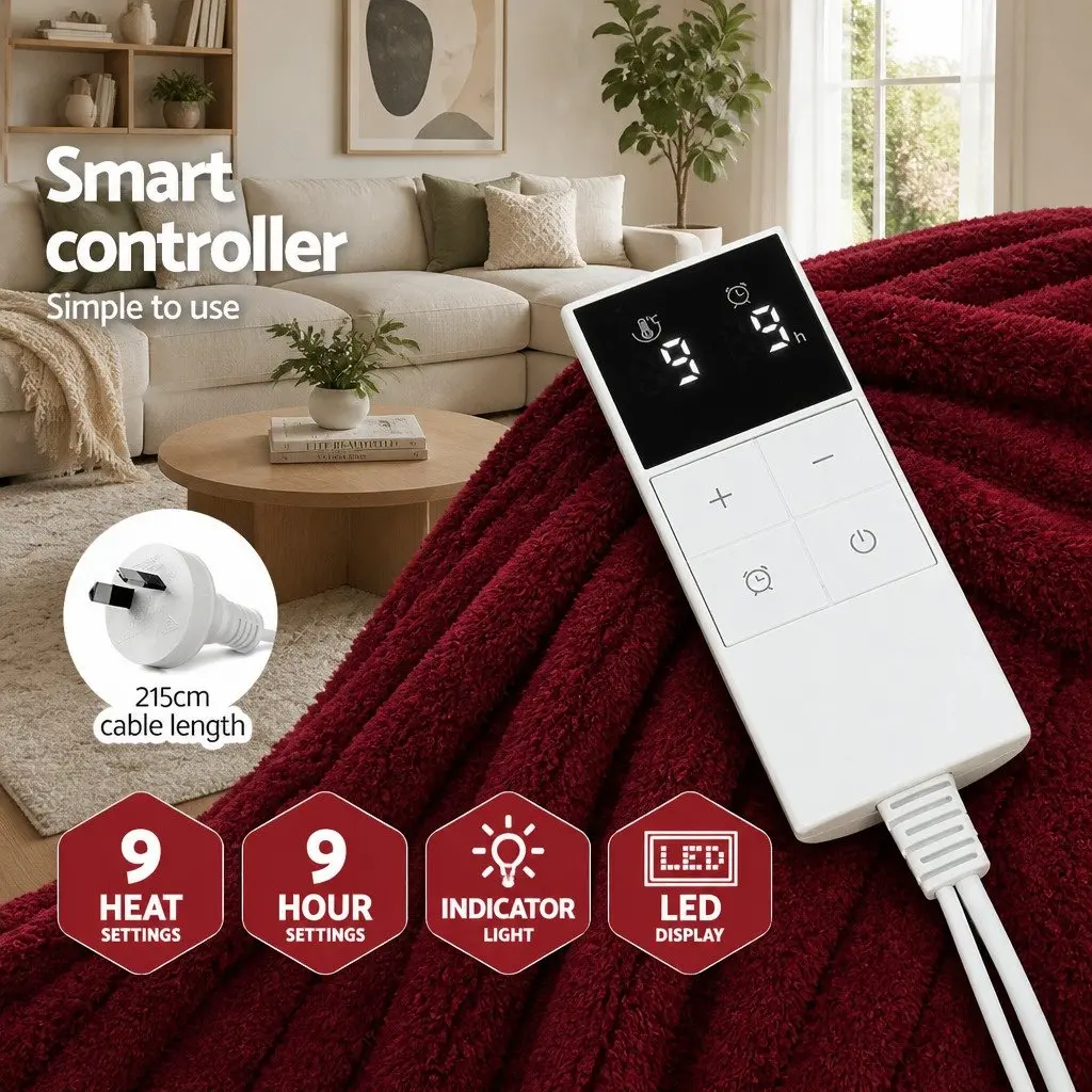 Electric Throw Blanket Fleece Burgundy 160cm x 130cm High-Density for Couch Sofa Indoor Use