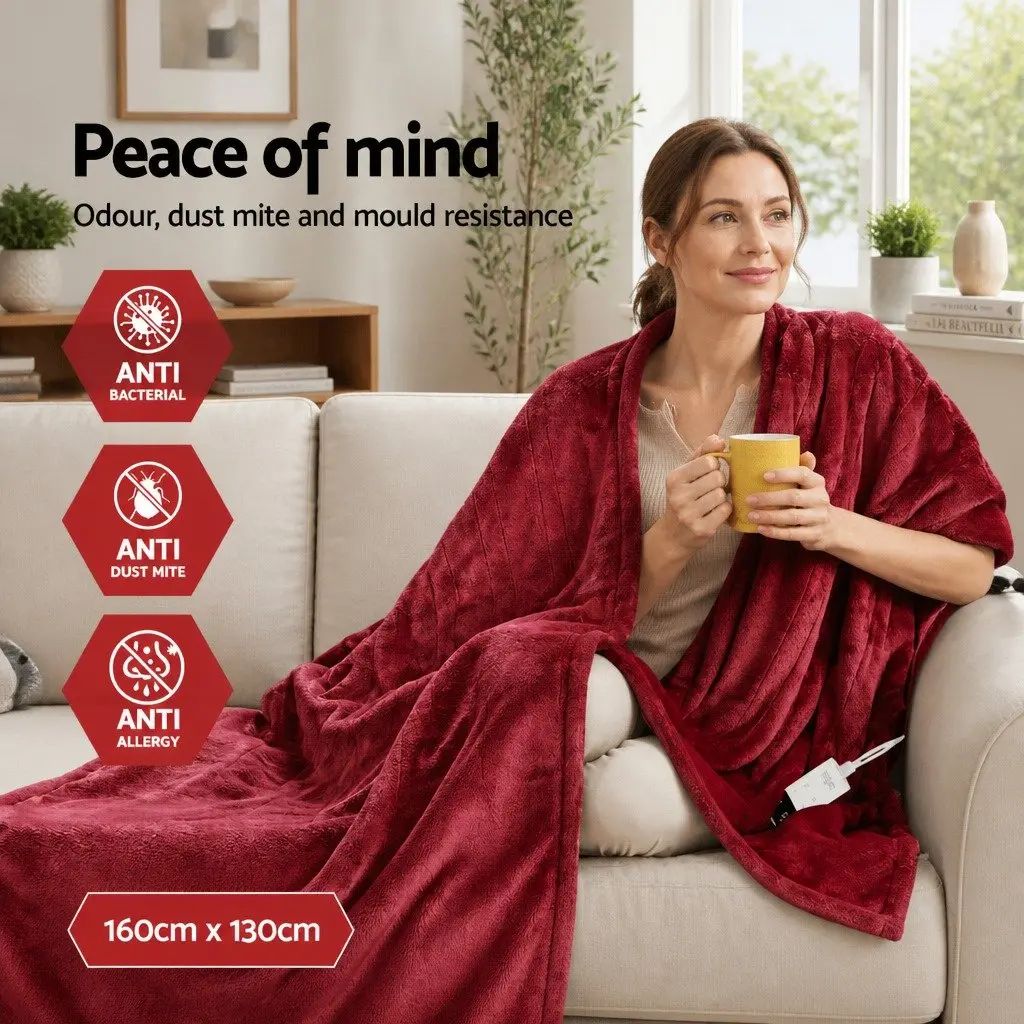 Electric Throw Blanket Fleece Burgundy 160cm x 130cm High-Density for Couch Sofa Indoor Use