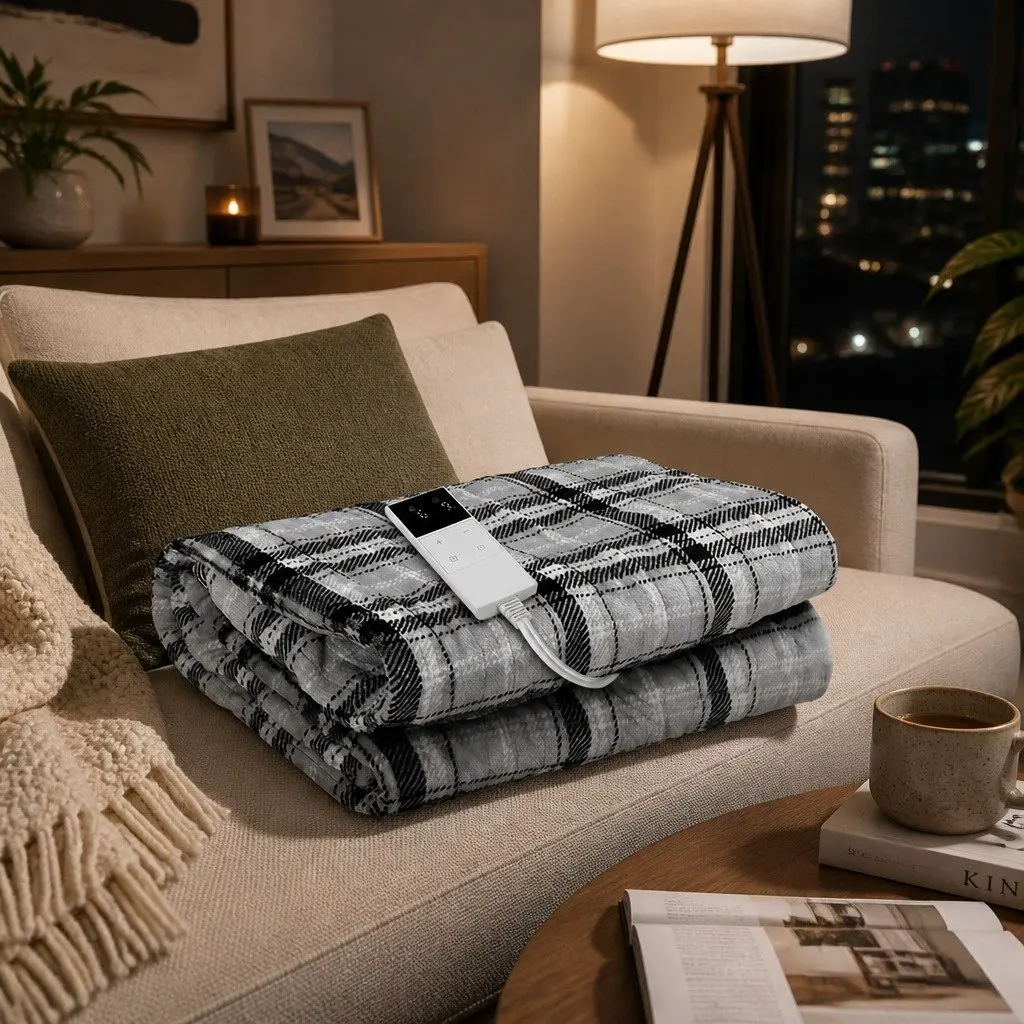 Electric Throw Rug Flannel Heated Sofa Bed Washable Grey White 160cm x 130cm