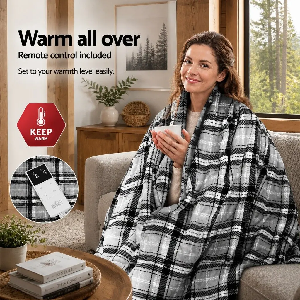 Electric Throw Rug Flannel Heated Sofa Bed Washable Grey White 160cm x 130cm