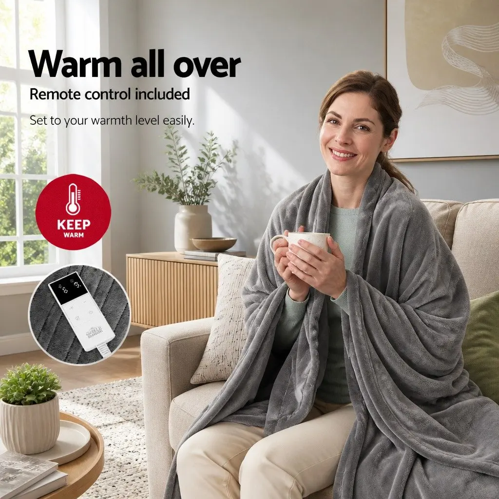 Electric Heated Throw Rug Fleece Blanket Washable Warm Cosy Silver 160x130cm