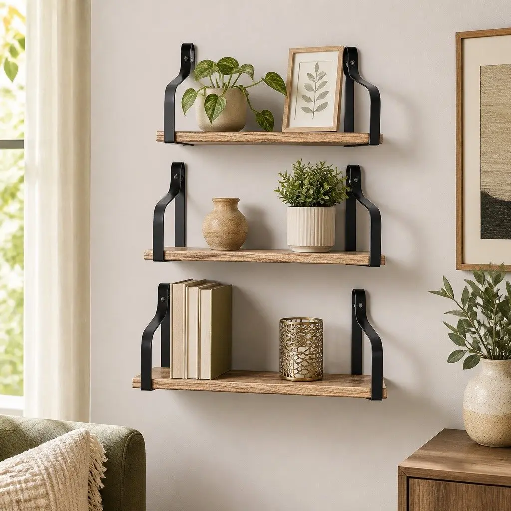 Floating Shelf Paulownia Wood Industrial Style Natural Wood 3 Piece
