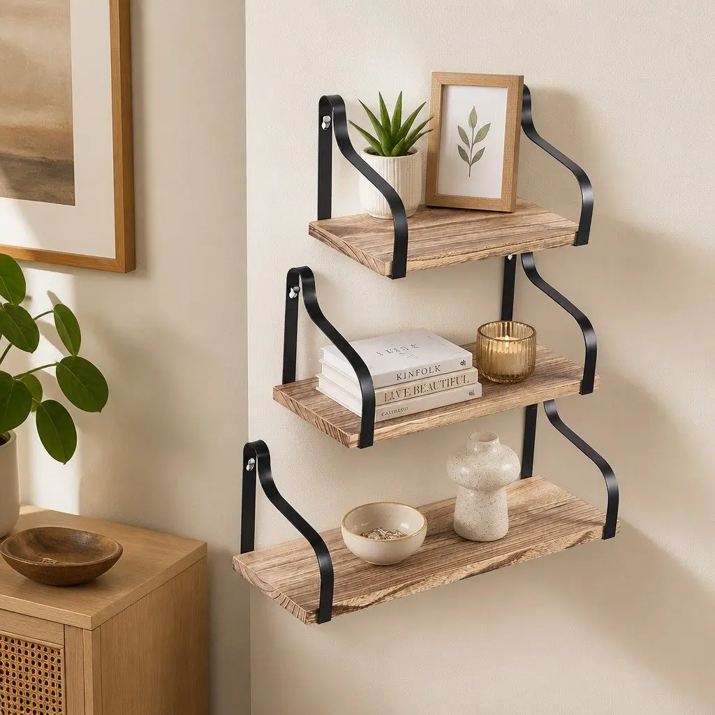 Floating Shelf Paulownia Wood Industrial Style Natural Wood 3 Piece