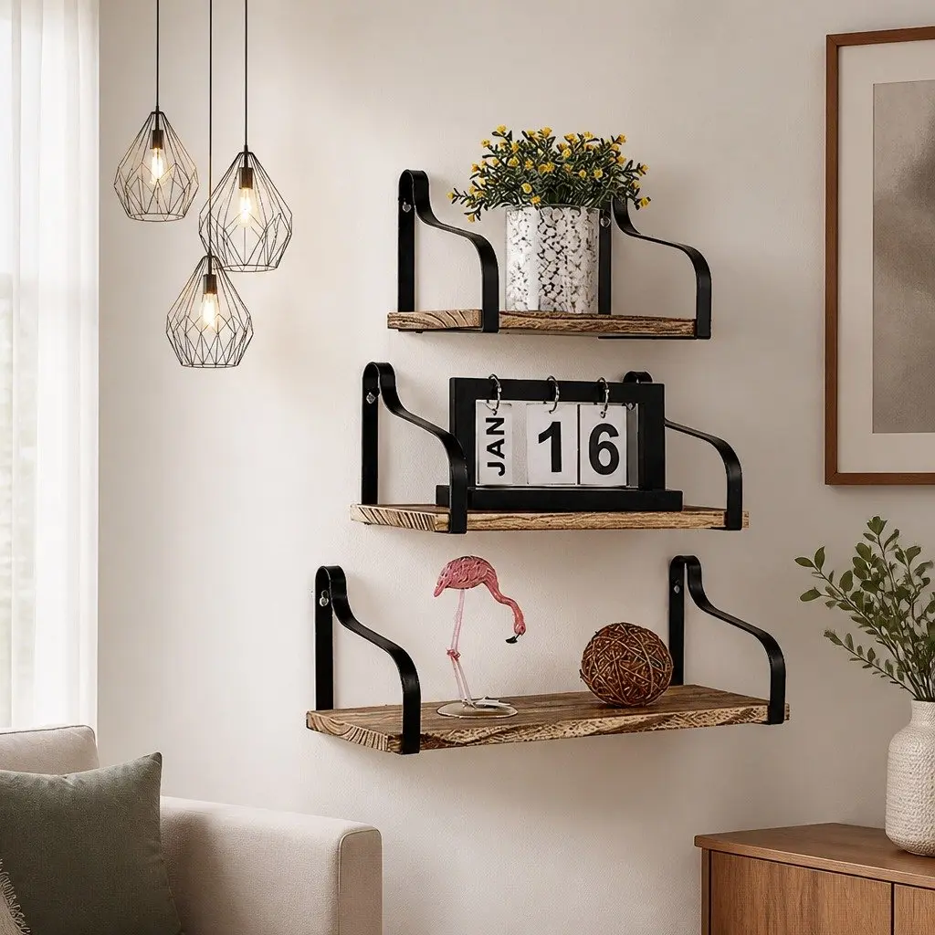 Floating Shelf Paulownia Wood Industrial Style Natural Wood 3 Piece