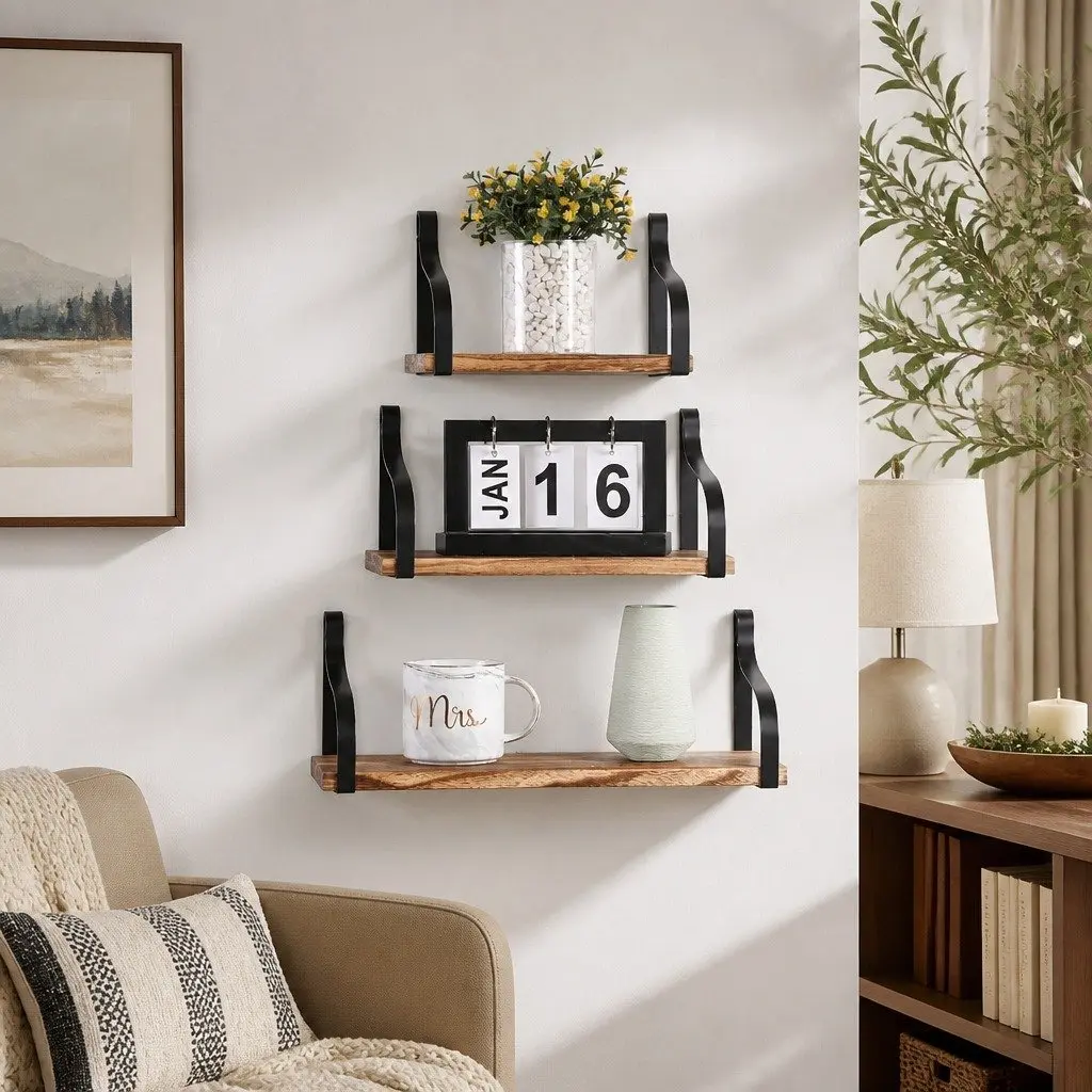 Floating Shelf Paulownia Wood Industrial Style Natural Wood 3 Piece
