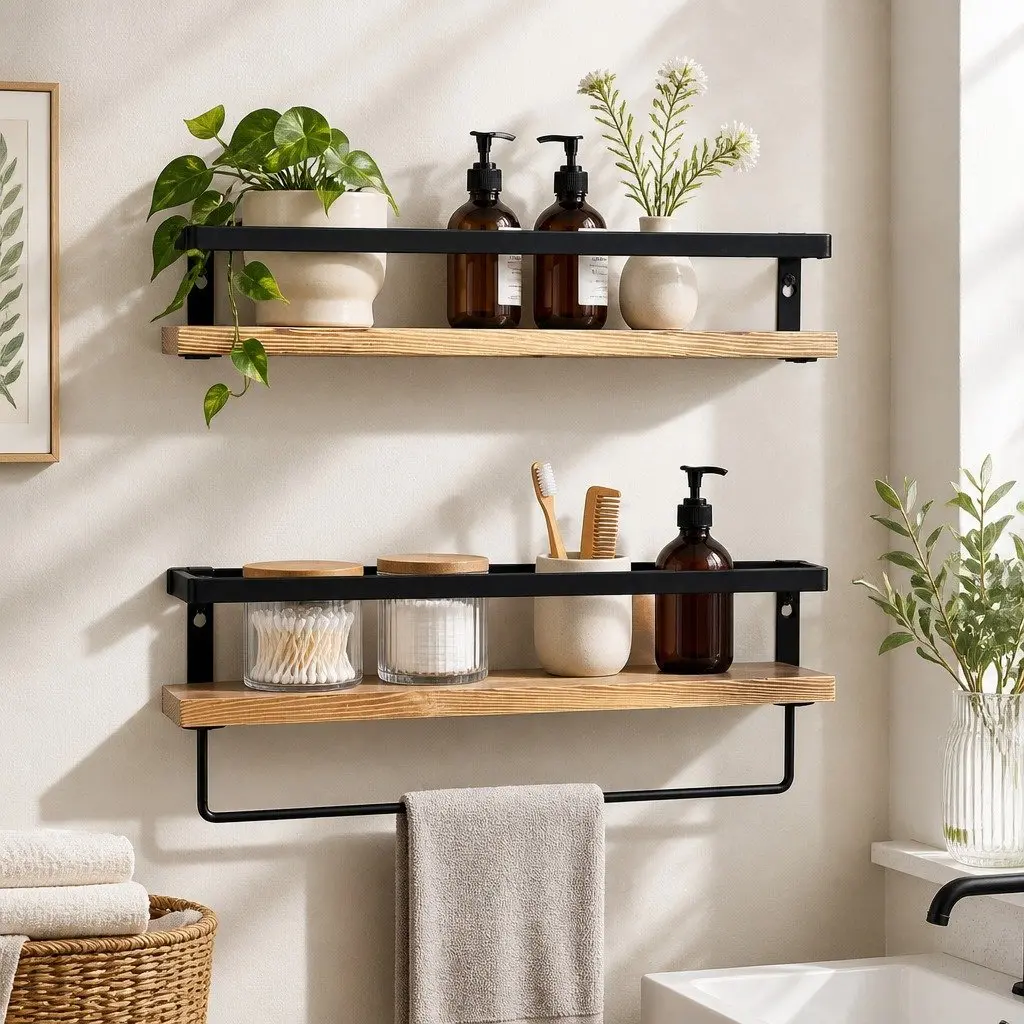 Floating Shelf Brackets Metal Rail Natural Wood 40cm x 15cm x 6.8cm Industrial Style Wall Mount Storage Display