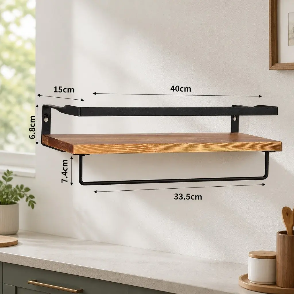 Floating Shelf Brackets Metal Rail Natural Wood 40cm x 15cm x 6.8cm Industrial Style Wall Mount Storage Display