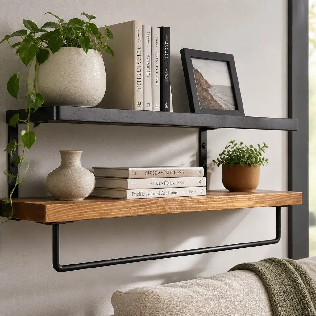 Floating Shelf Brackets Metal Rail Natural Wood 40cm x 15cm x 6.8cm Industrial Style Wall Mount Storage Display