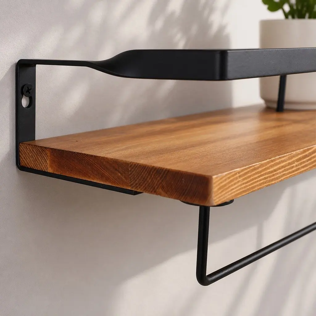 Floating Shelf Brackets Metal Rail Natural Wood 40cm x 15cm x 6.8cm Industrial Style Wall Mount Storage Display