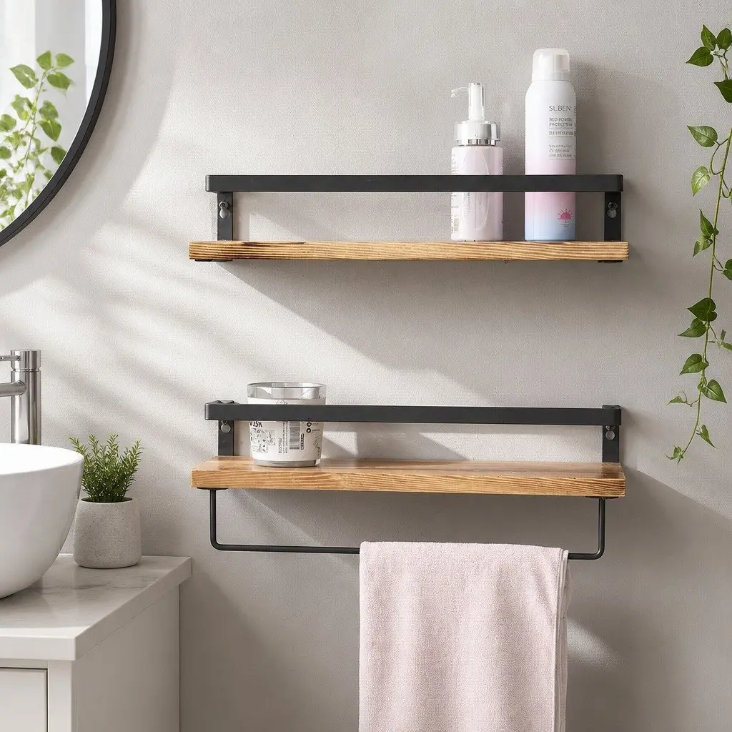 Floating Shelf Brackets Metal Rail Natural Wood 40cm x 15cm x 6.8cm Industrial Style Wall Mount Storage Display