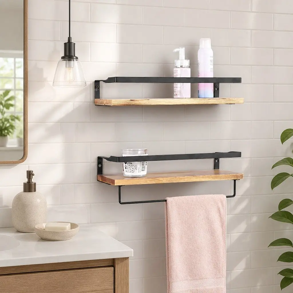 Floating Shelf Brackets Metal Rail Natural Wood 40cm x 15cm x 6.8cm Industrial Style Wall Mount Storage Display