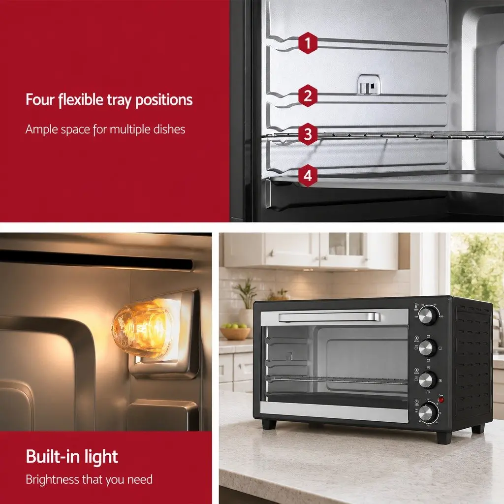 60L Convection Oven Electric Fryer Black and Silver Portable Kitchen Baking Roasting Grilling