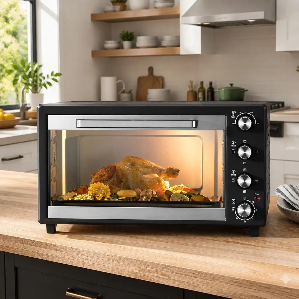 60L Convection Oven Electric Fryer Black and Silver Portable Kitchen Baking Roasting Grilling
