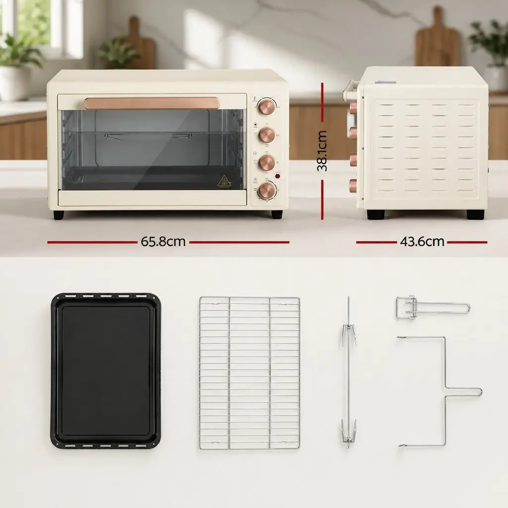 60L Convection Oven Electric Stainless Steel Portable Cream and Gold Countertop Rotisserie Bake Grill Roast