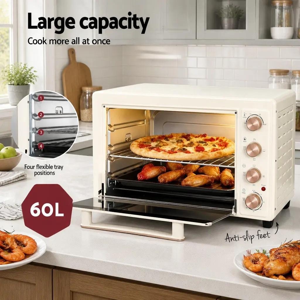 60L Convection Oven Electric Stainless Steel Portable Cream and Gold Countertop Rotisserie Bake Grill Roast